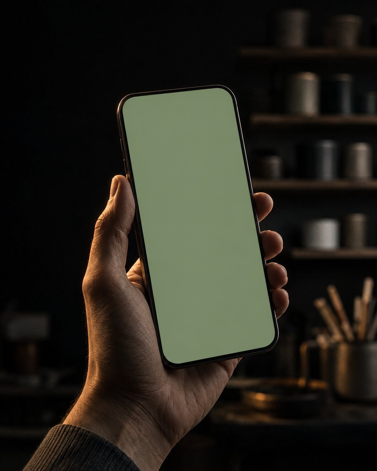 A hand holding a phone showing a solid sage green screen in a dim paint studio