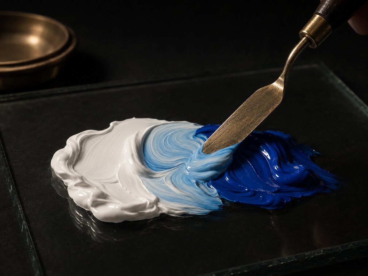 A palette knife pulling white and blue paint together into a soft sky blue