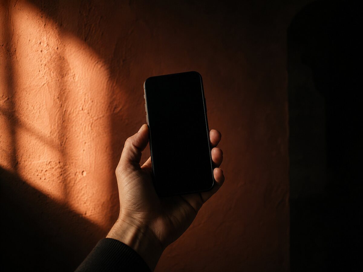 A hand raising a phone toward a terracotta painted wall in warm side light