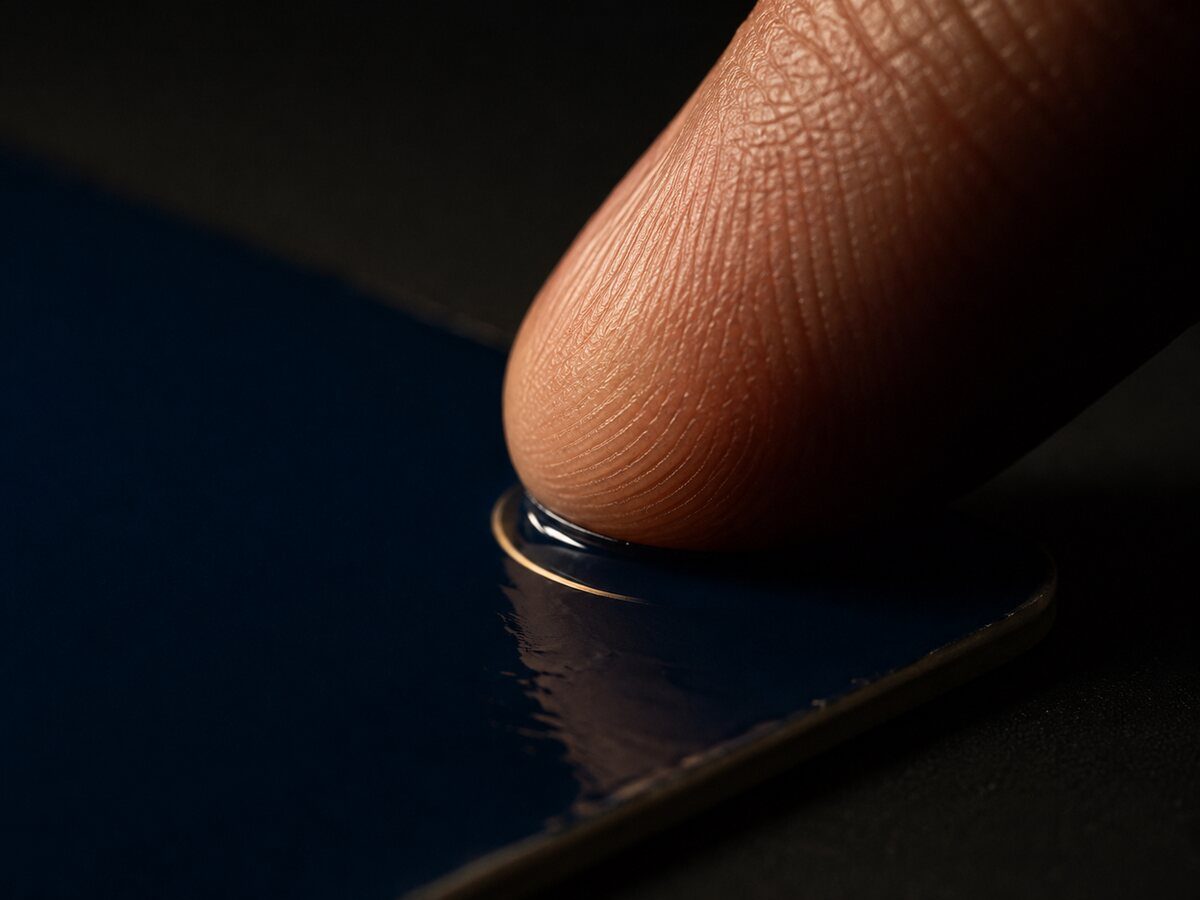 A fingertip pressing a wet navy paint card, a ring of light around the touch point